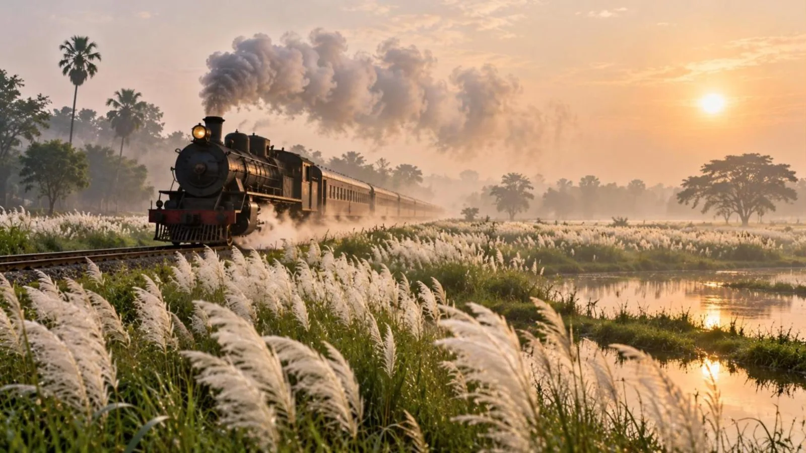 A steam train crossing a field of white kash flowers in the Bengal countryside on a misty morning