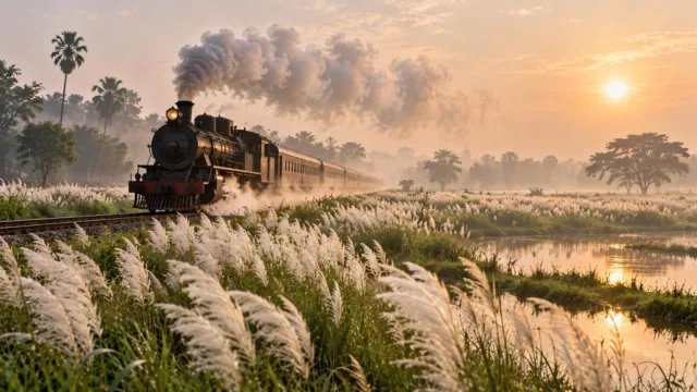 A steam train crossing a field of white kash flowers in the Bengal countryside on a misty morning