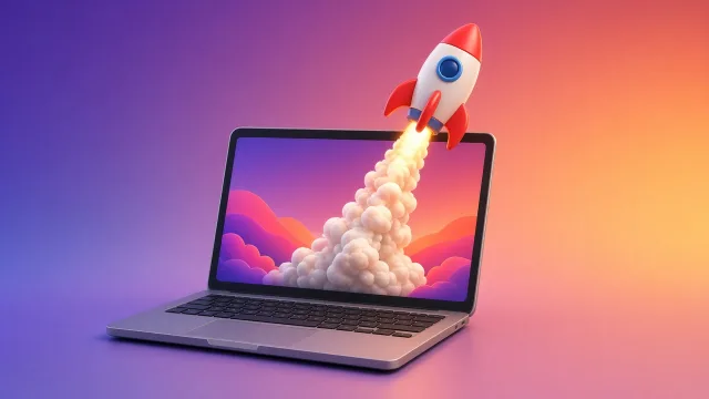 Editorial illustration of a rocket lifting off from a laptop screen with a small checklist floating nearby
