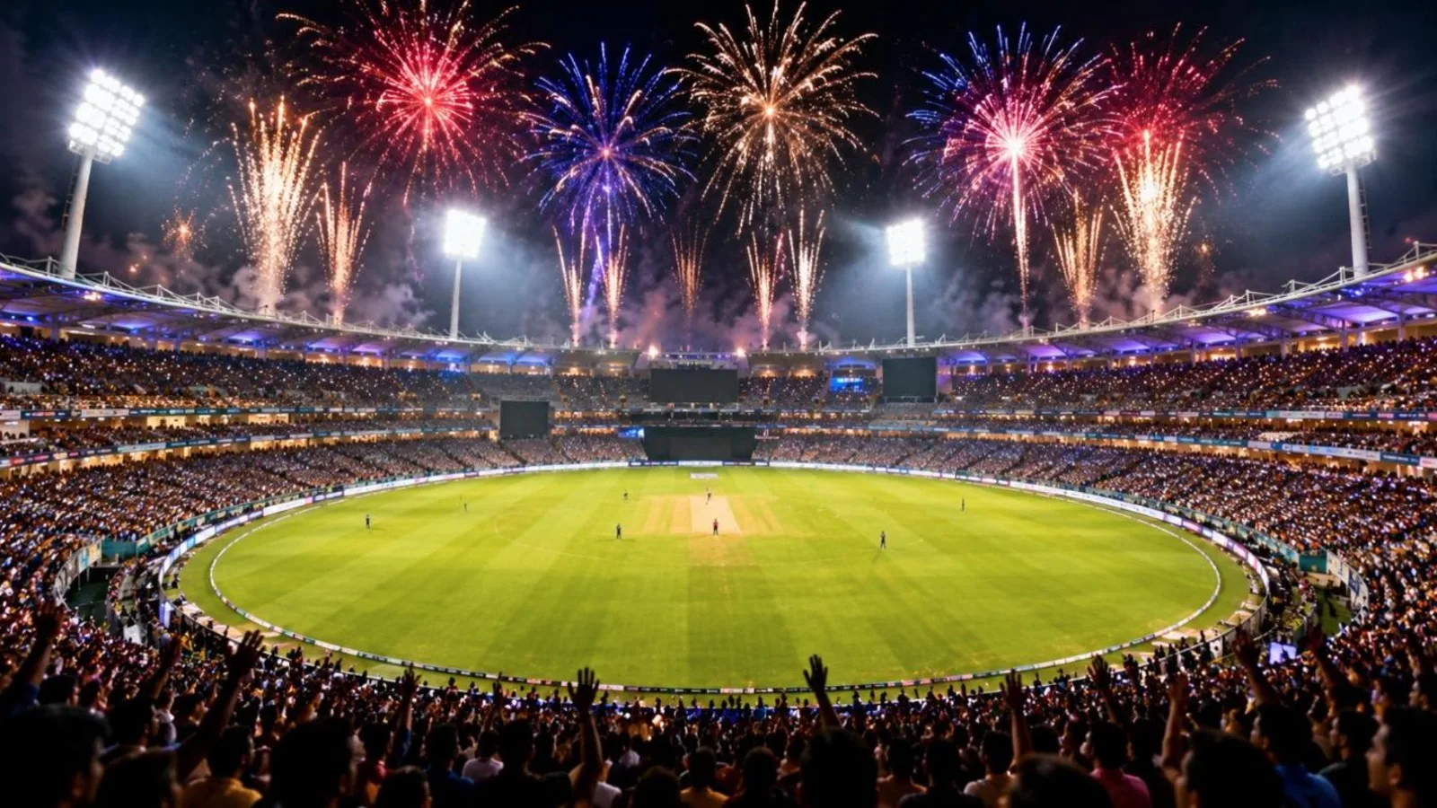 A T20 cricket stadium at night with fireworks over the floodlights and a buzzing crowd
