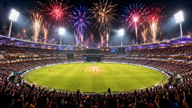 A T20 cricket stadium at night with fireworks over the floodlights and a buzzing crowd