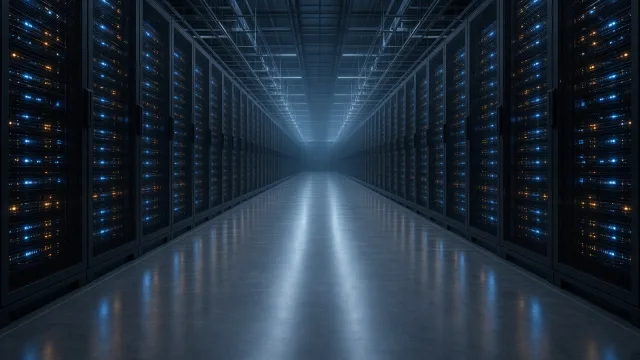 A long data centre aisle lined with server racks glowing blue and amber, reflected on a polished floor
