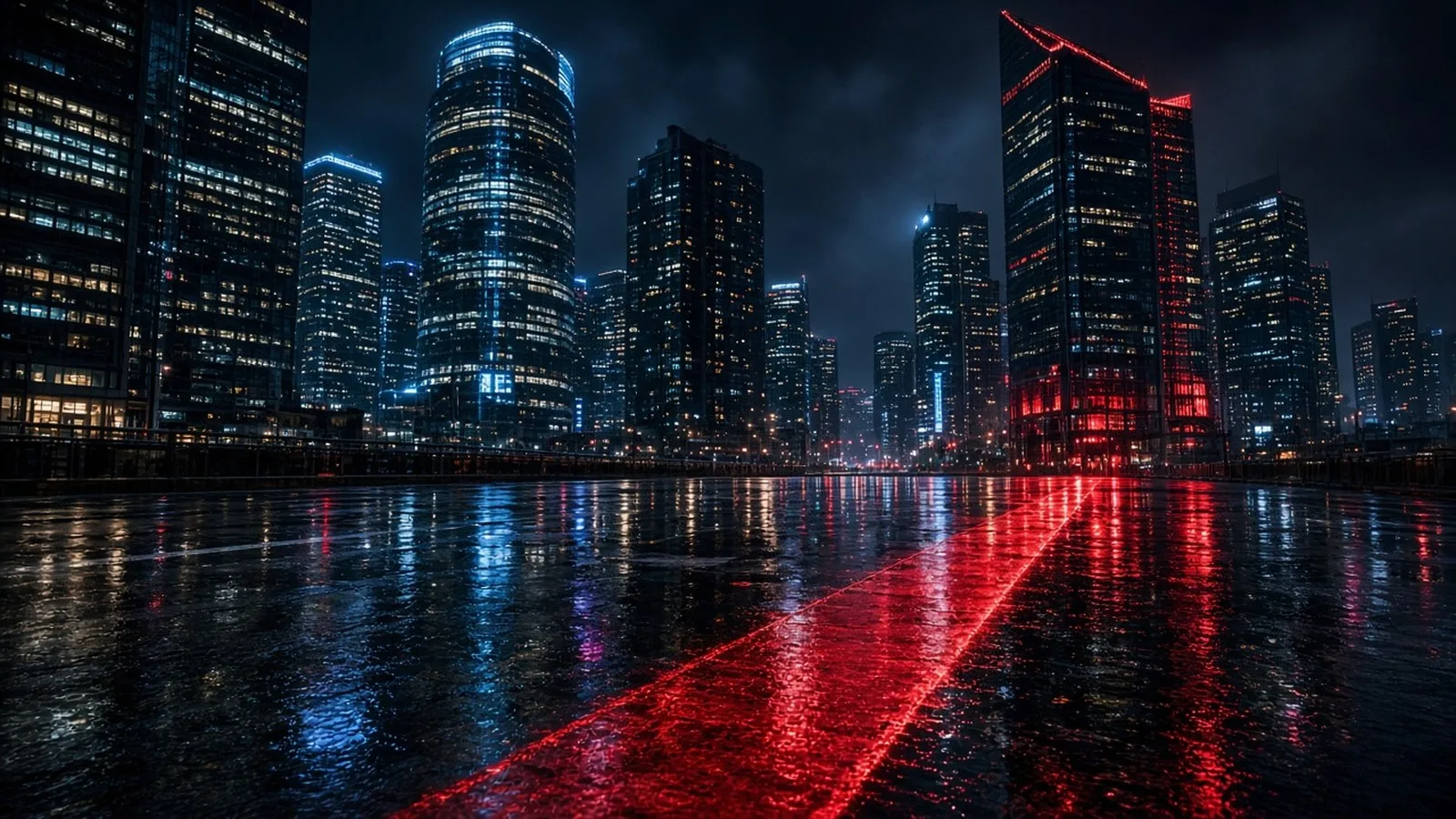 A rain-soaked financial district at night with glass towers and a red glow reflected on the wet pavement