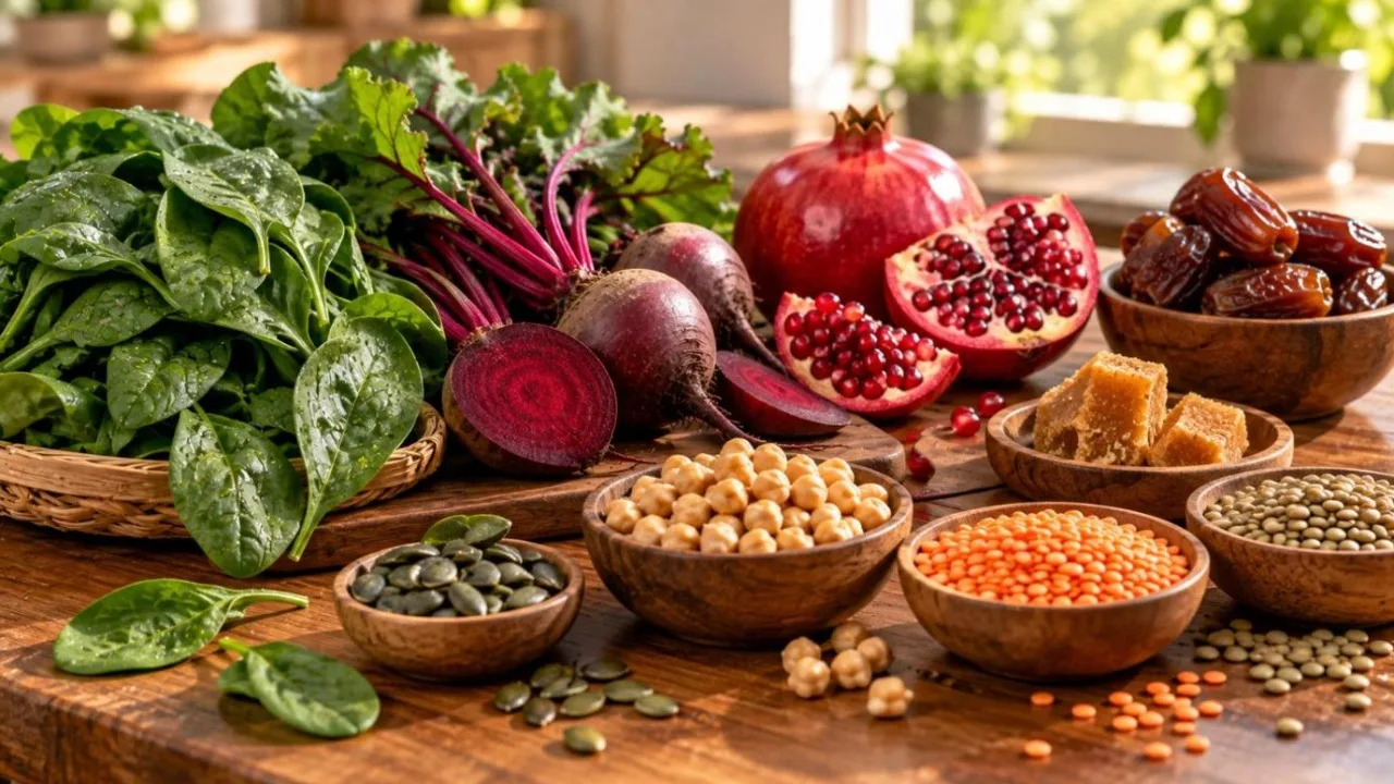 Spinach, beetroot, pomegranate, dates, jaggery and lentils on a wooden table