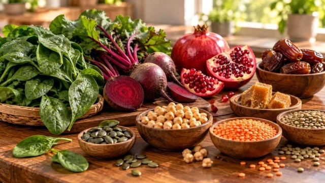 Spinach, beetroot, pomegranate, dates, jaggery and lentils on a wooden table