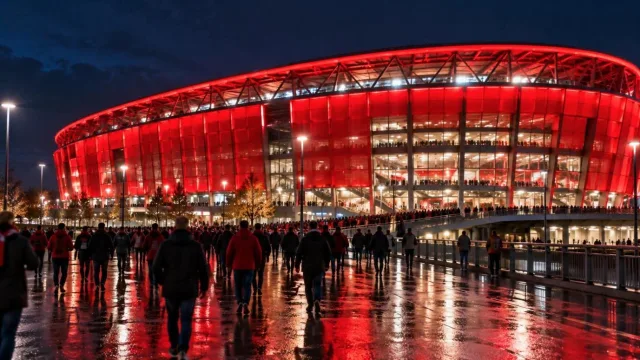 A brightly lit red football stadium exterior at night with fans walking towards it