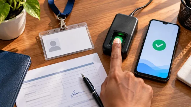 A blank ID card, a fingerprint scanner in use and a smartphone showing a green verification tick on a desk