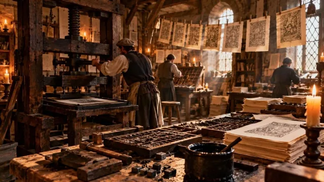 15th-century printing workshop with a wooden screw press, metal type trays and printed sheets drying