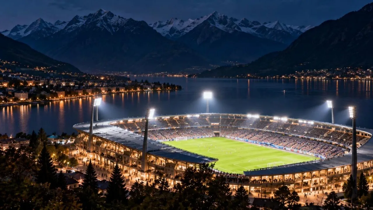 A floodlit football stadium beside a lake with mountains behind it at night