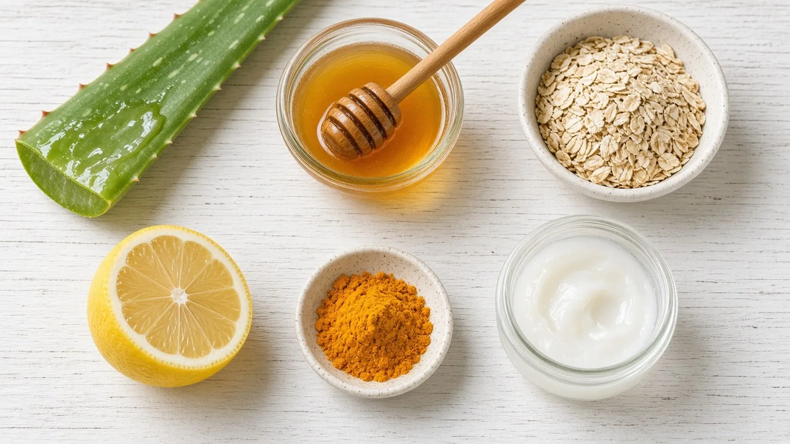 An aloe vera leaf, honey, rolled oats, a halved lemon, turmeric powder and a jar of ointment on a white wooden table