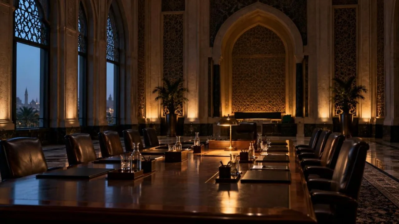A conference table with empty chairs in a dim government hall