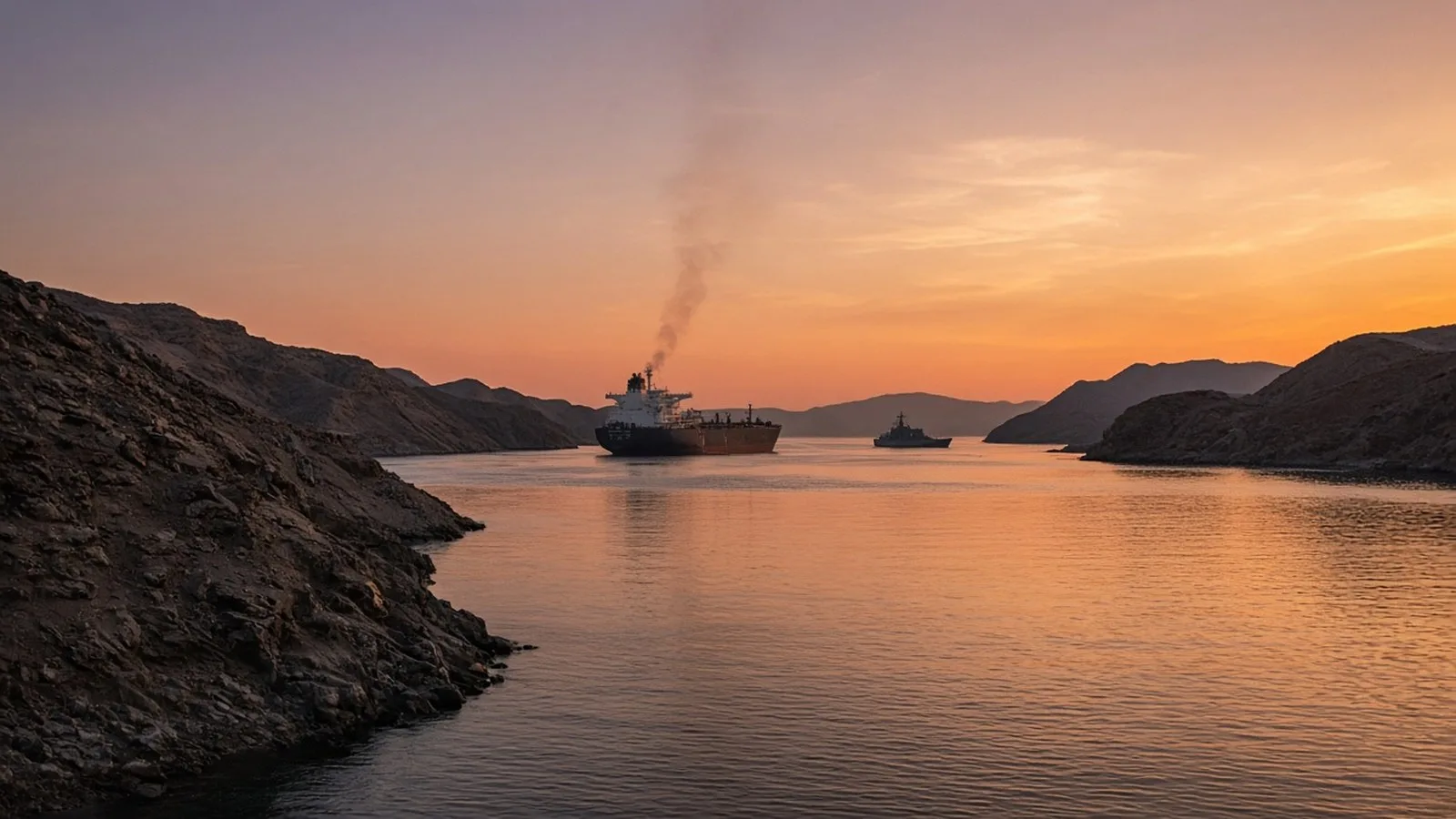 An oil tanker trailing smoke in a narrow strait at dusk, with a warship in the distance