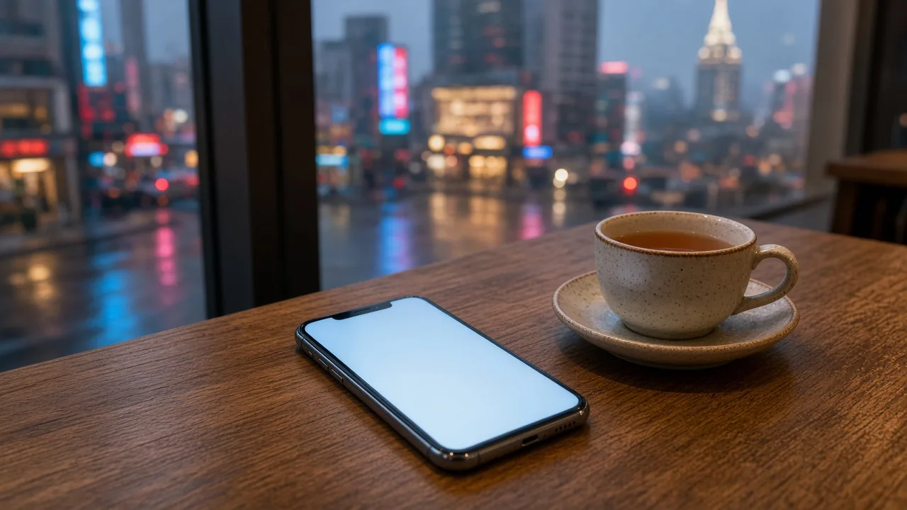 A smartphone on a cafe table with a blurred Shanghai street at dusk, illustrating Apple Intelligence launching in China