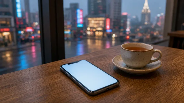 A smartphone on a cafe table with a blurred Shanghai street at dusk, illustrating Apple Intelligence launching in China