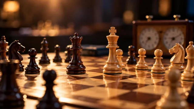 Wooden chess pieces mid-game on a board with a chess clock in warm light
