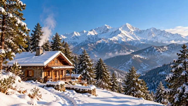 Snow-covered Himalayan hill station with pine trees and a wooden cottage