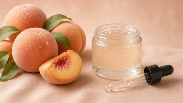 A dewy close-up of a ripe peach beside a glass jar of gel cream on a soft peach-coloured background