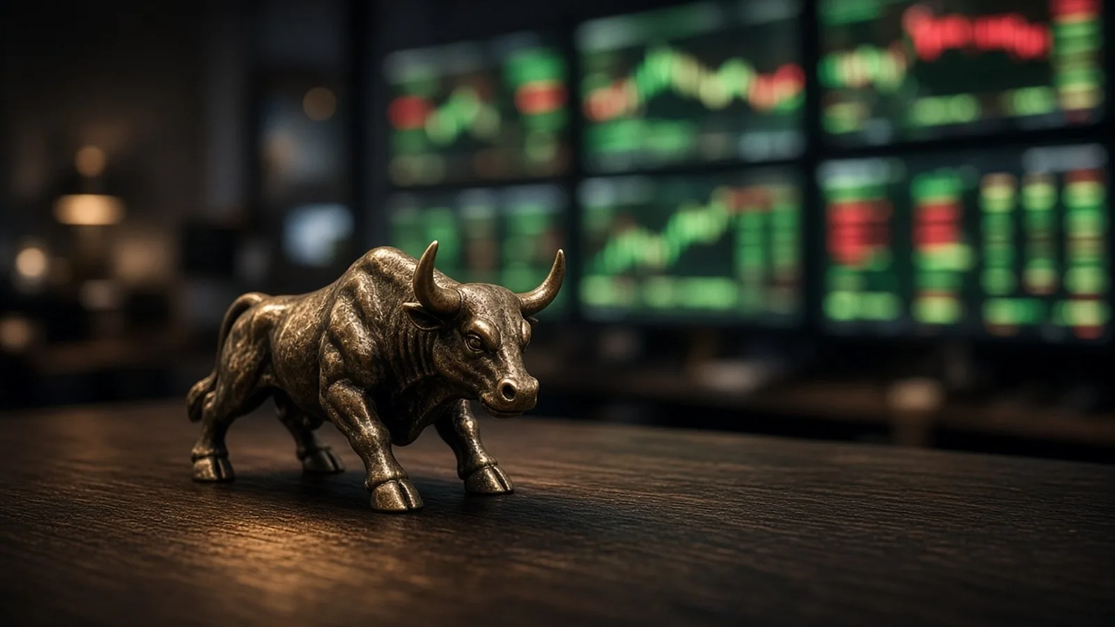 A bronze bull figurine on a dark wooden desk with blurred green and red trading screens behind it, illustrating the Indian stock market outlook