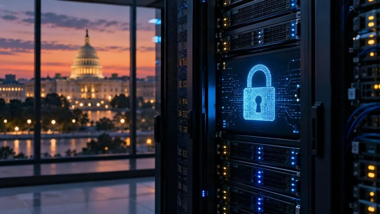 Server rack with a glowing padlock and a domed government building in Washington seen through a window at dusk