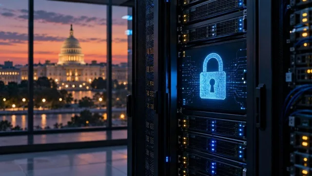 Server rack with a glowing padlock and a domed government building in Washington seen through a window at dusk