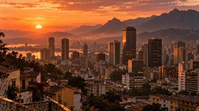 1980s Latin American city skyline with financial towers and mountains at sunset in warm haze