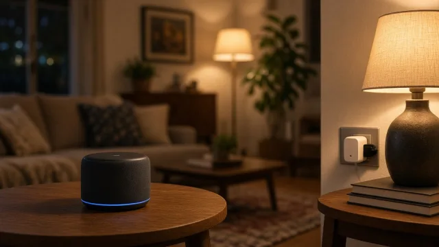 Cosy living room with a round smart speaker, a smart plug in the wall and a warm glowing smart bulb