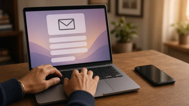 Hands typing on a laptop showing a sign-up form with an envelope symbol