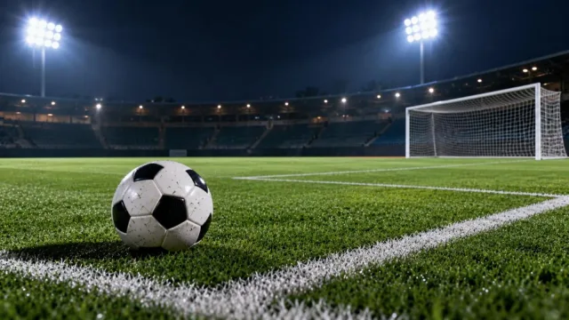 A football resting on a floodlit pitch near the goal and white pitch markings at night