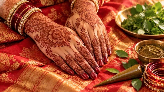 Hands decorated with intricate bridal mehndi on red and gold silk beside a henna cone, henna paste and fresh leaves
