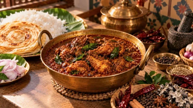 Dark red Chettinad chicken curry in a brass kadai with curry leaves, whole spices, rice and parotta