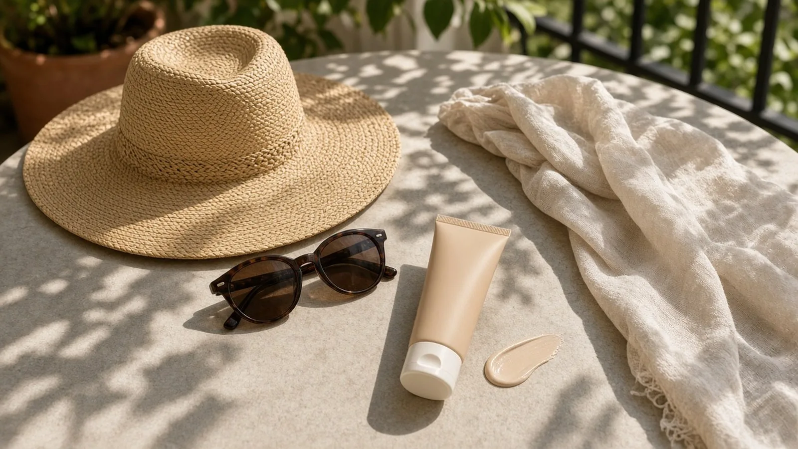 Straw sun hat, sunglasses, a plain tube of tinted sunscreen and a linen scarf in dappled sunlight