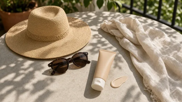 Straw sun hat, sunglasses, a plain tube of tinted sunscreen and a linen scarf in dappled sunlight