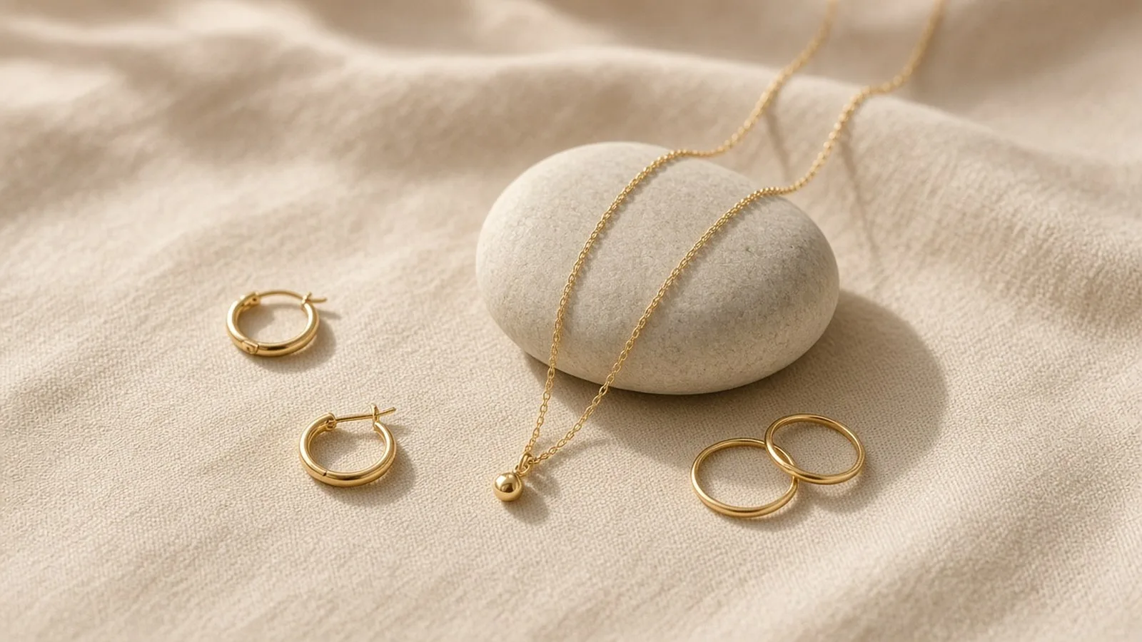 Delicate lightweight gold jewellery, including a thin chain necklace, small hoop earrings and two slim rings, on soft beige fabric beside a smooth pale stone