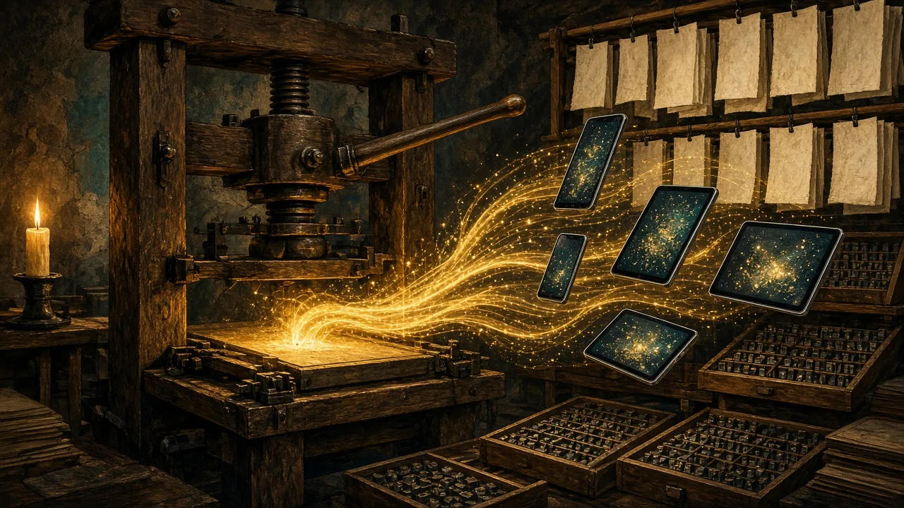 A 15th-century printing press whose pages turn into modern digital devices, illustrating Gutenberg's information revolution