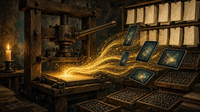A 15th-century printing press whose pages turn into modern digital devices, illustrating Gutenberg's information revolution