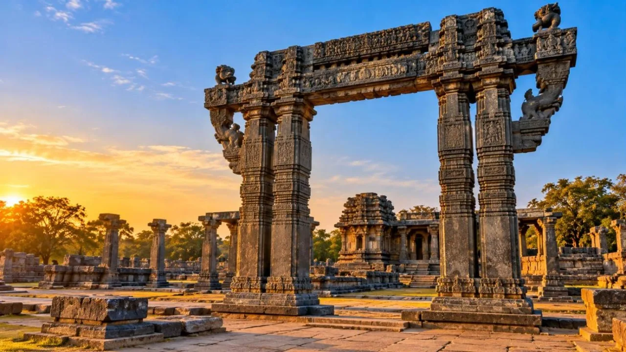 Carved stone gateway and temple ruins of Warangal Fort