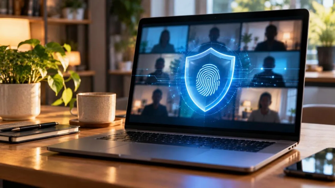 Laptop showing a blurred video call grid with a glowing shield overlay