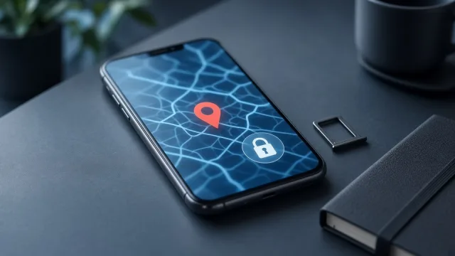 Smartphone on a desk showing a map with a location pin and a lock symbol, beside a SIM tray