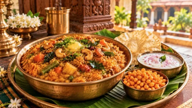 Bisi bele bath topped with ghee, cashews and curry leaves served with boondi and papad