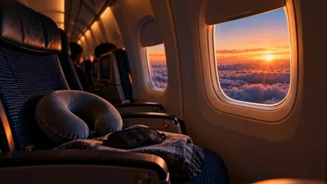 Aeroplane cabin at night with window shades half open showing sunrise above clouds and a neck pillow