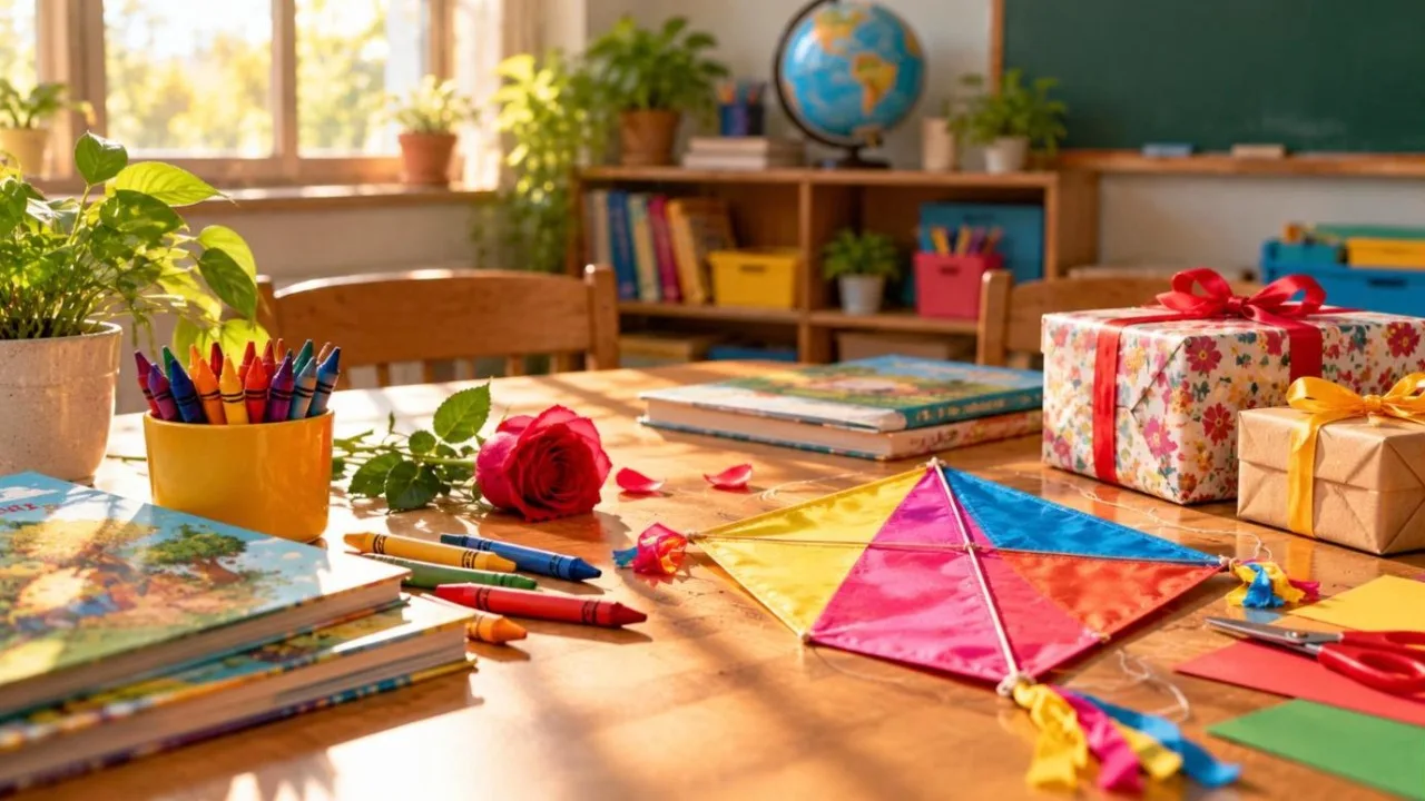 Classroom table with crayons, a paper kite, a rose, storybooks and gifts