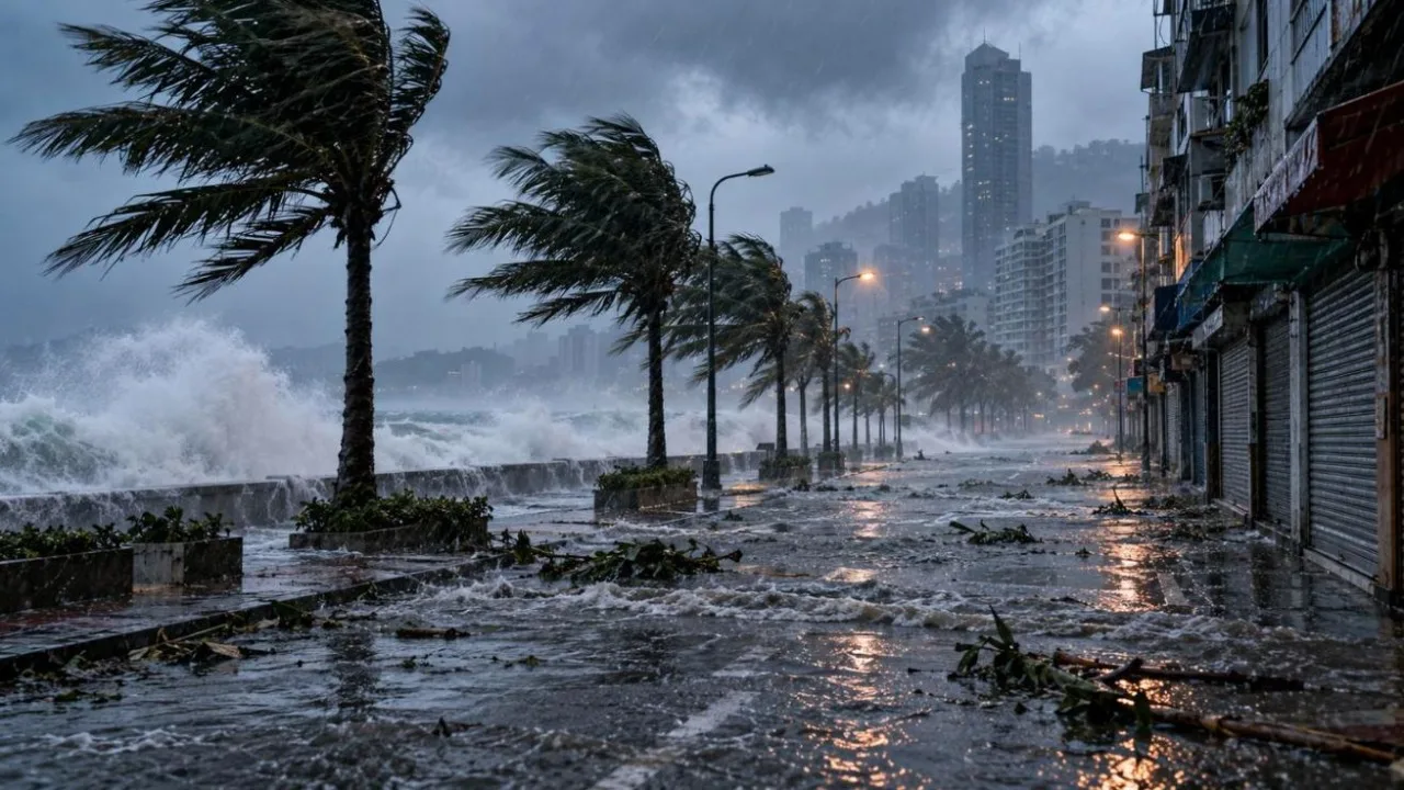 A rain-lashed coastal street with bending palm trees, flooded road and shuttered shops