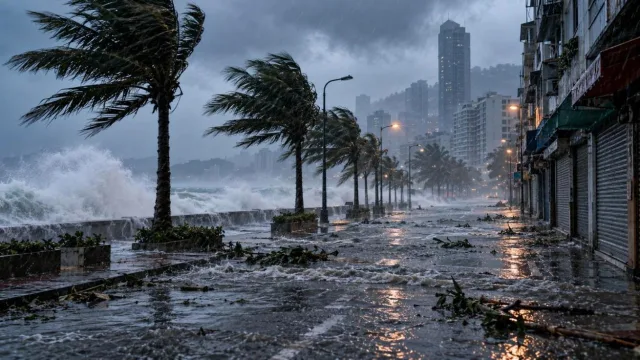 A rain-lashed coastal street with bending palm trees, flooded road and shuttered shops