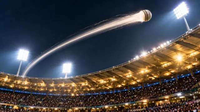 A white cricket ball soaring over a floodlit stadium roof with a long-exposure light trail