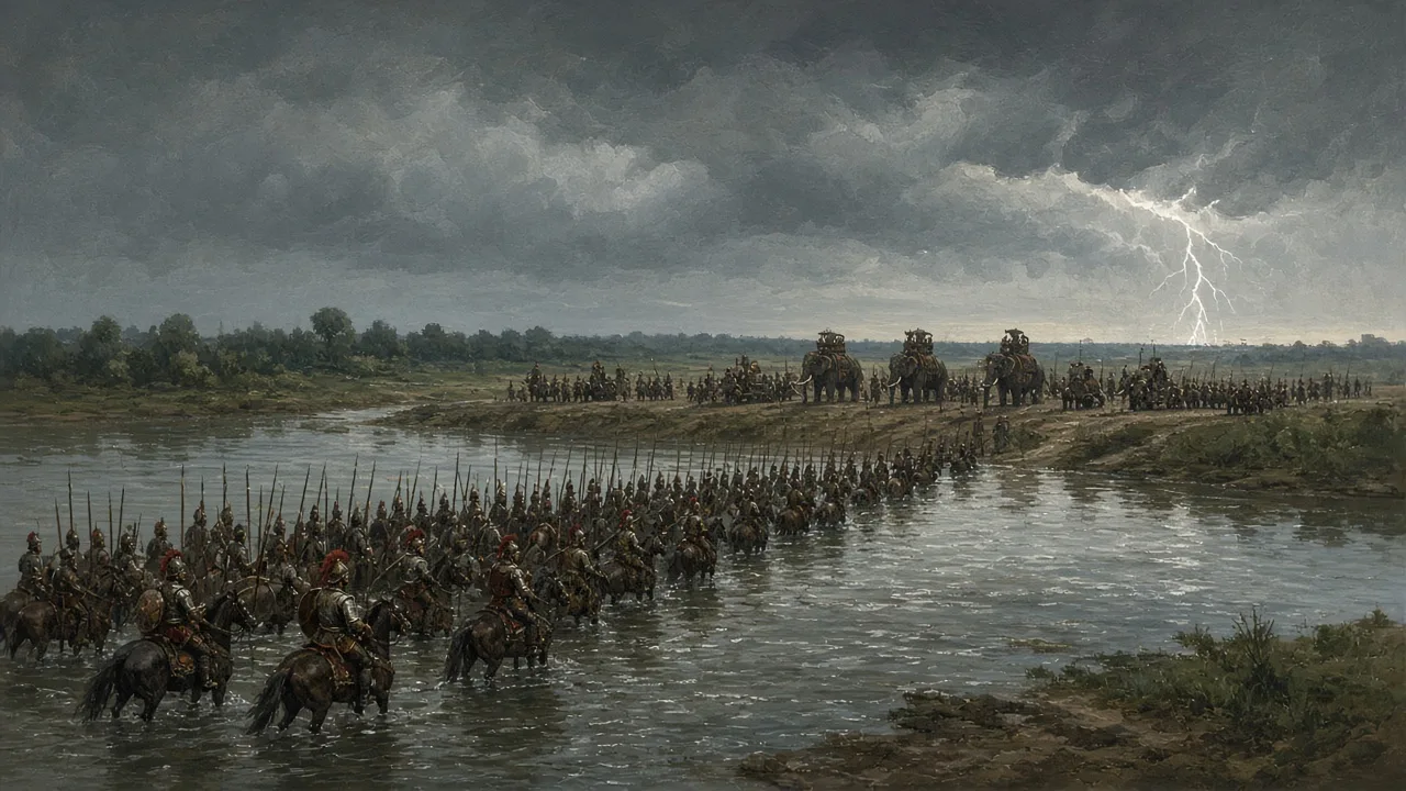 Macedonian troops crossing a stormy river towards a line of war elephants, illustrating Alexander the Great's battle with Porus on the Jhelum