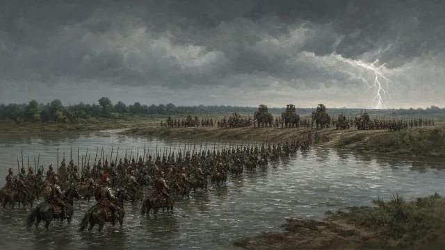 Macedonian troops crossing a stormy river towards a line of war elephants, illustrating Alexander the Great's battle with Porus on the Jhelum