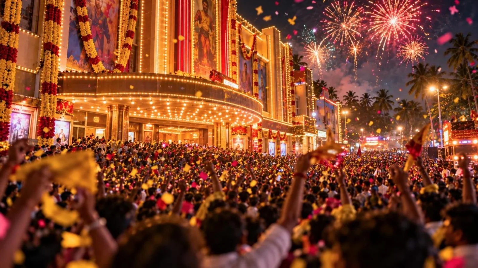 A huge crowd outside a lit-up single-screen cinema at night with garlands, confetti and fireworks