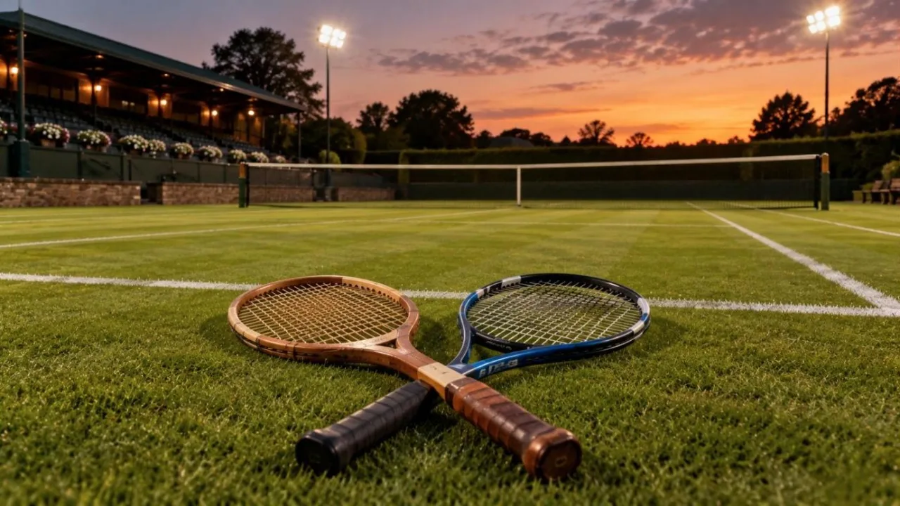 Empty grass tennis court at dusk with a net and two crossed rackets under stadium lights