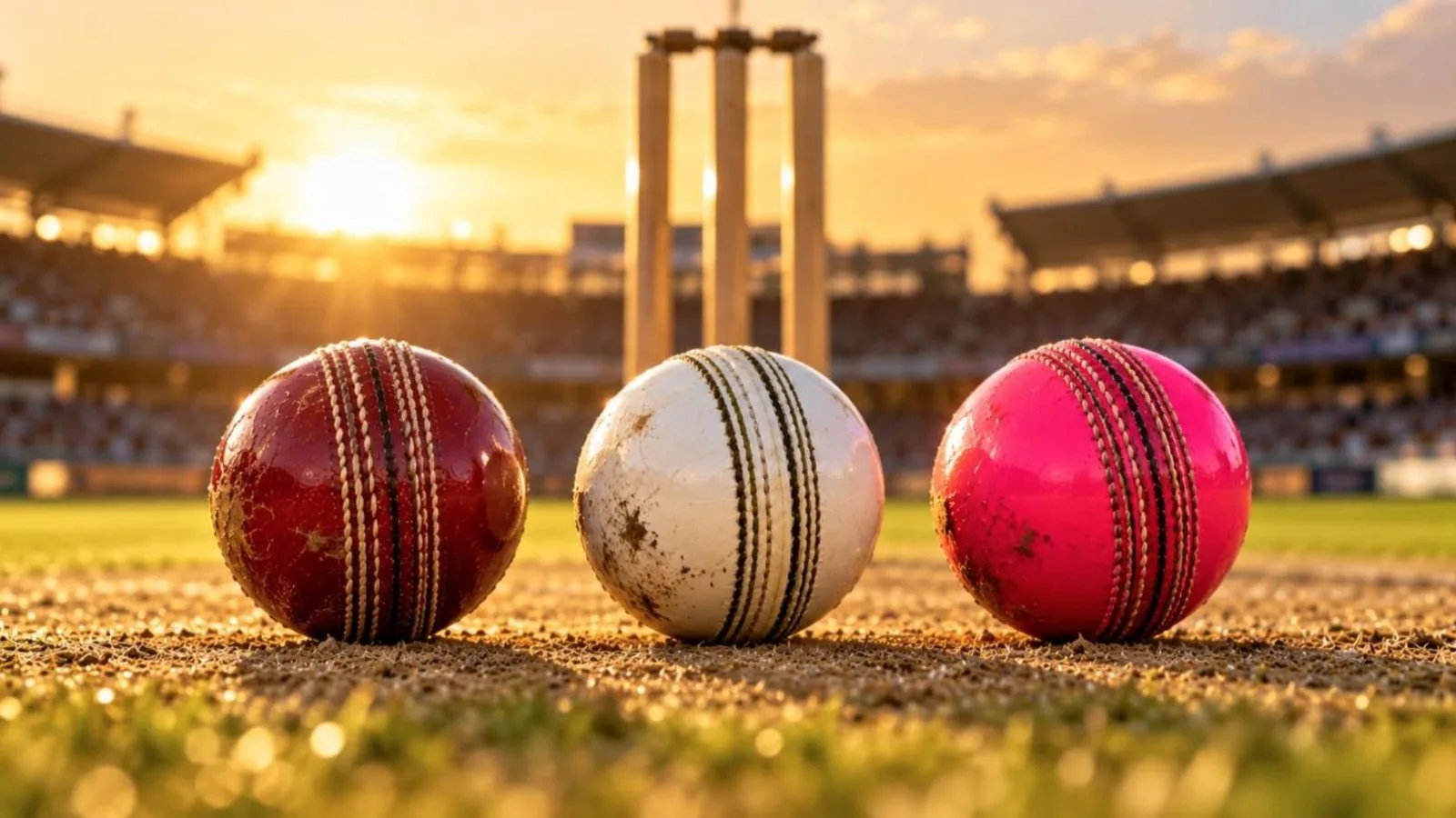 A red, a white and a pink cricket ball side by side on a pitch with stumps behind