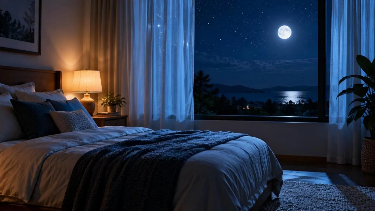 Calm moonlit bedroom with a neatly made bed and soft blue light through sheer curtains